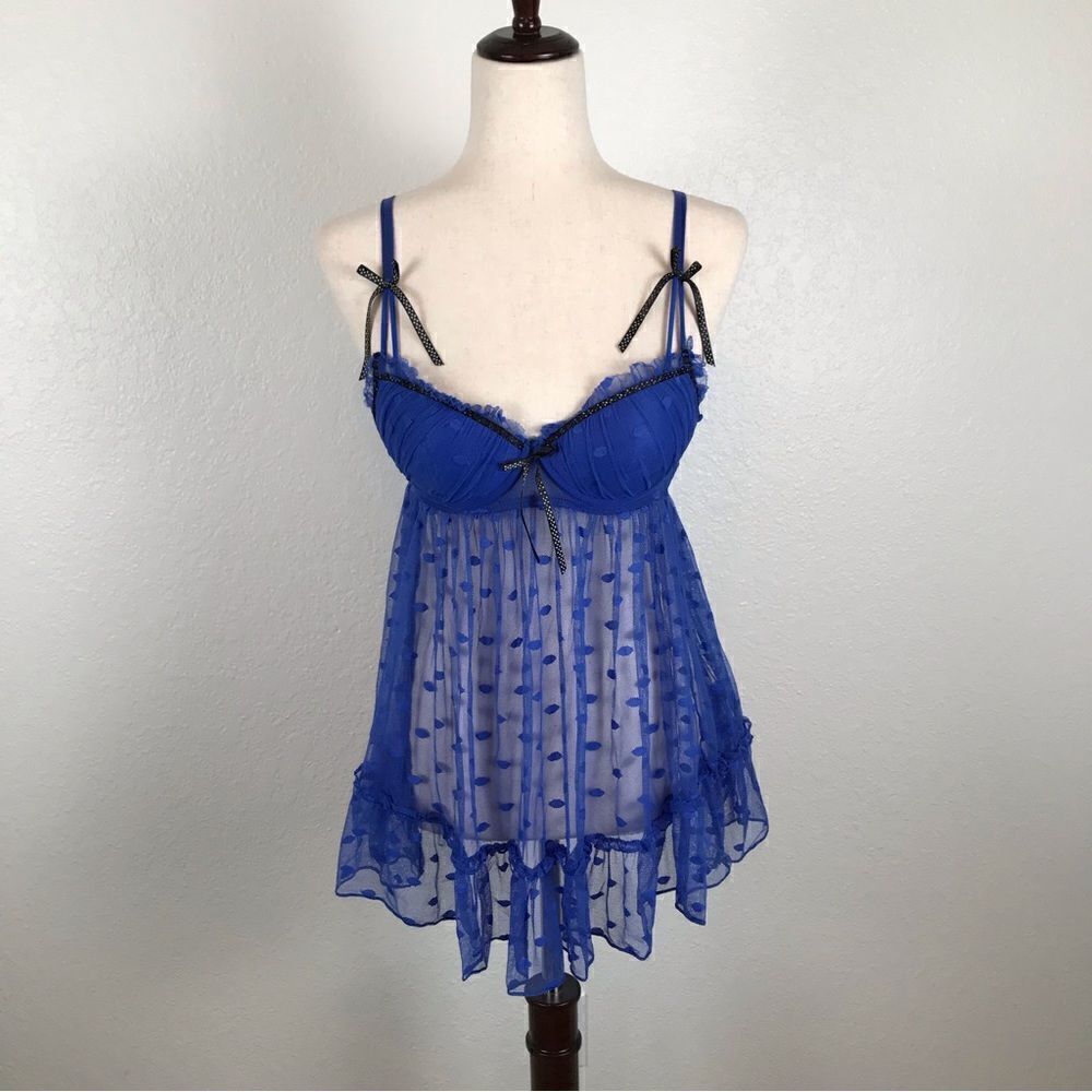 International Intimates royal blue polkadot underwire teddie top M